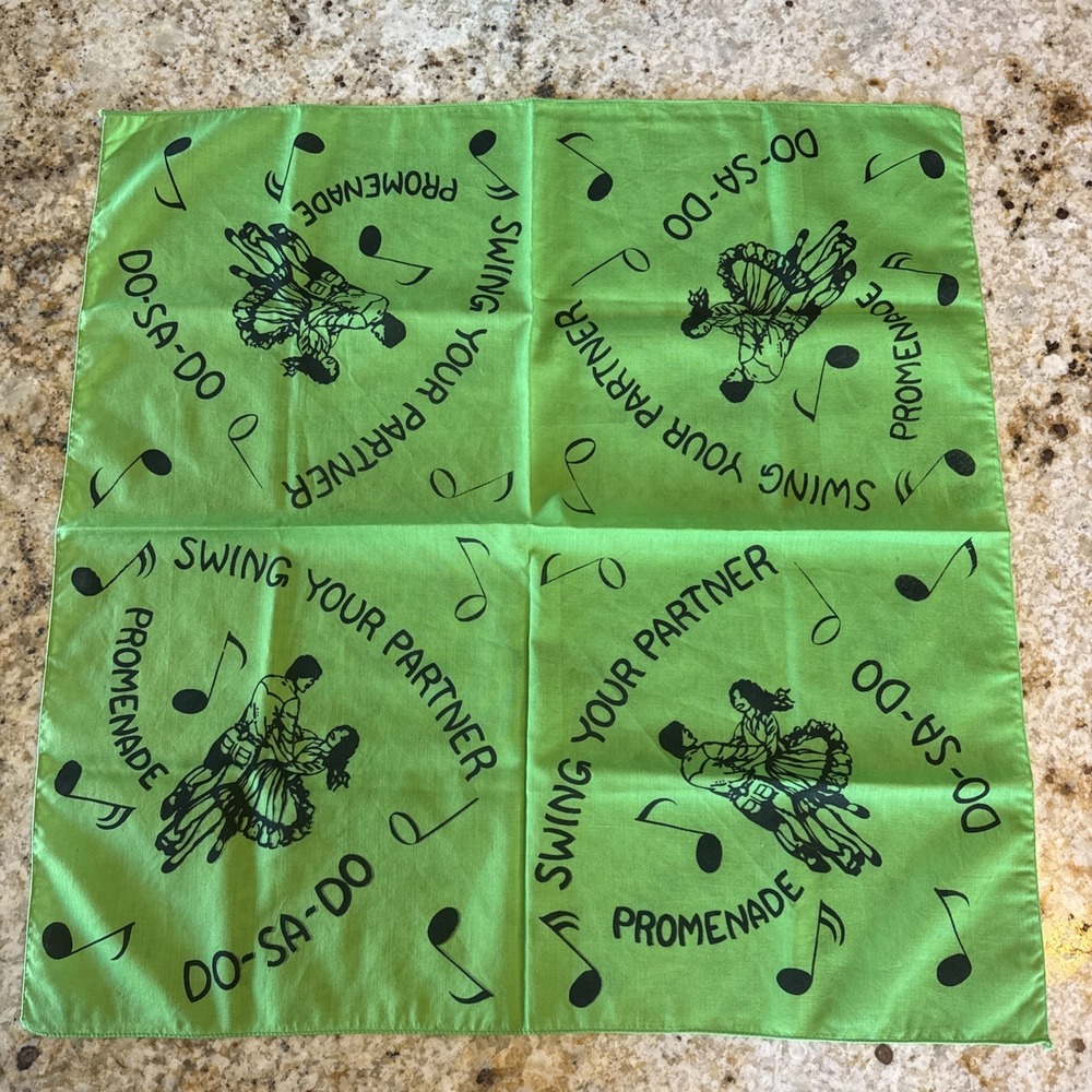 Vtg 80s NeonGreen Square Dance Bandana Do-Sa-Do Swing Your Partner Western Scarf